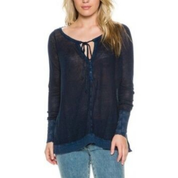 Free People Affogato Hacci Tunic Top Long Sleeve 0Tie Midnight Denim Blue Size S - Picture 3 of 13